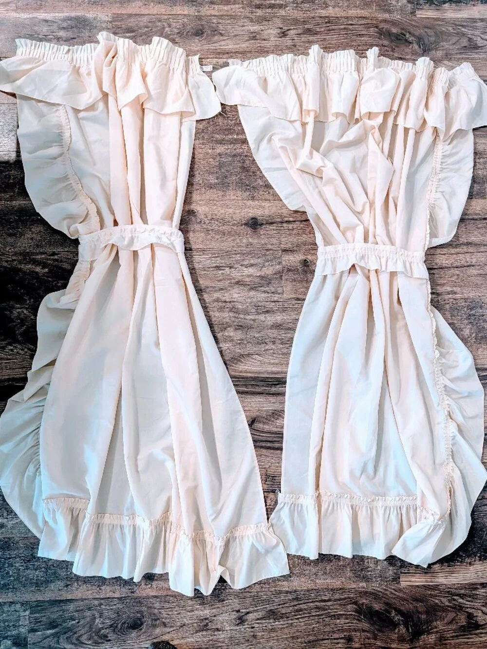 VTG Set of 6 Sears Ruffled Cream Curtains Panels w/ Tie Backs 64X48 3 Windows